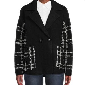 Magaschoni L Black White Checkered Cardigan/Coat/Sweater Drop Shoulder Heavy